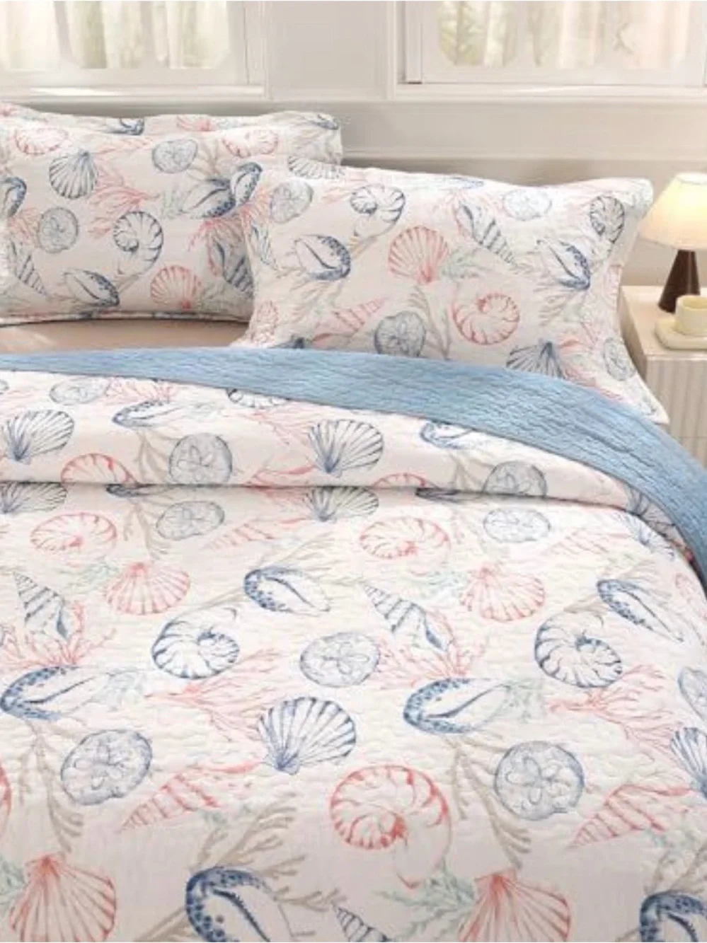 Coastal Shell Print Quilt Set in Blue and Pink - Abrand